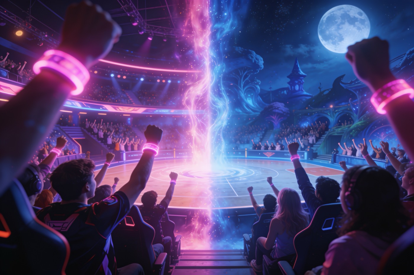Split crowd of esports fans and fantasy court cheering during a Swipey live duel