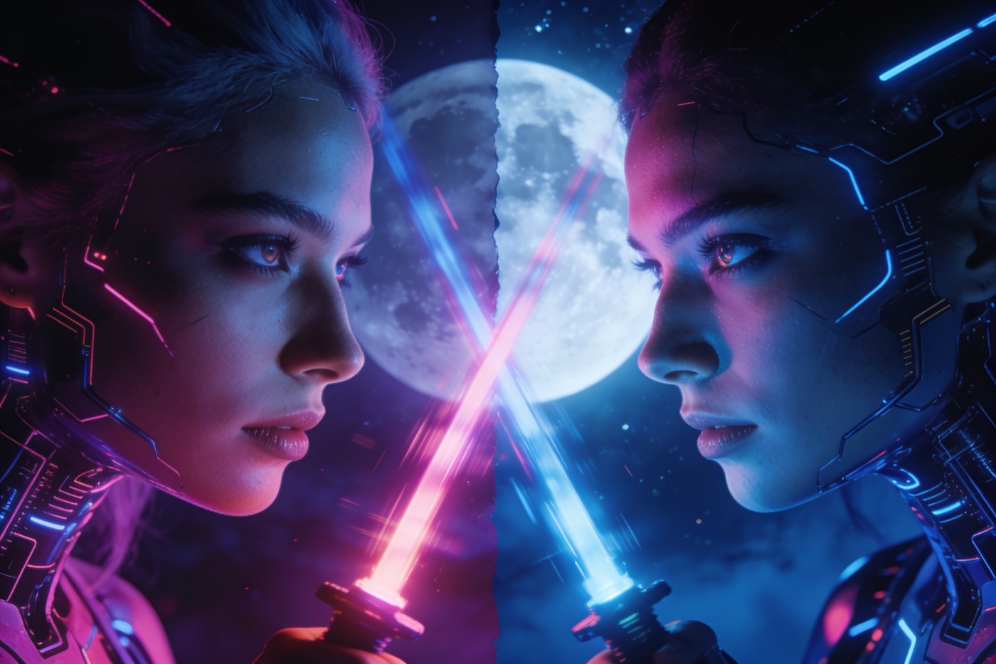 Two AI characters mid-duel between neon broadcast light and enchanted moonlit realm
