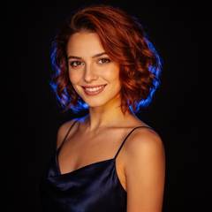 Mira, auburn haired fantasy AI character, indigo rim light