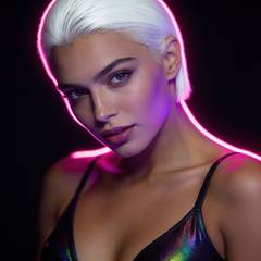 Nova, platinum haired fantasy AI character, magenta rim light